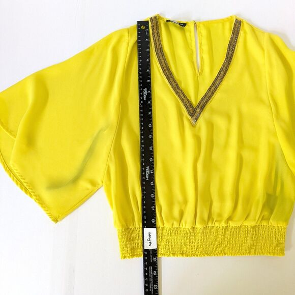 BEBE Yellow Blouse Small Beaded V-Neck Shirred Waist Peasant Top Boho Festival - Picture 16 of 16